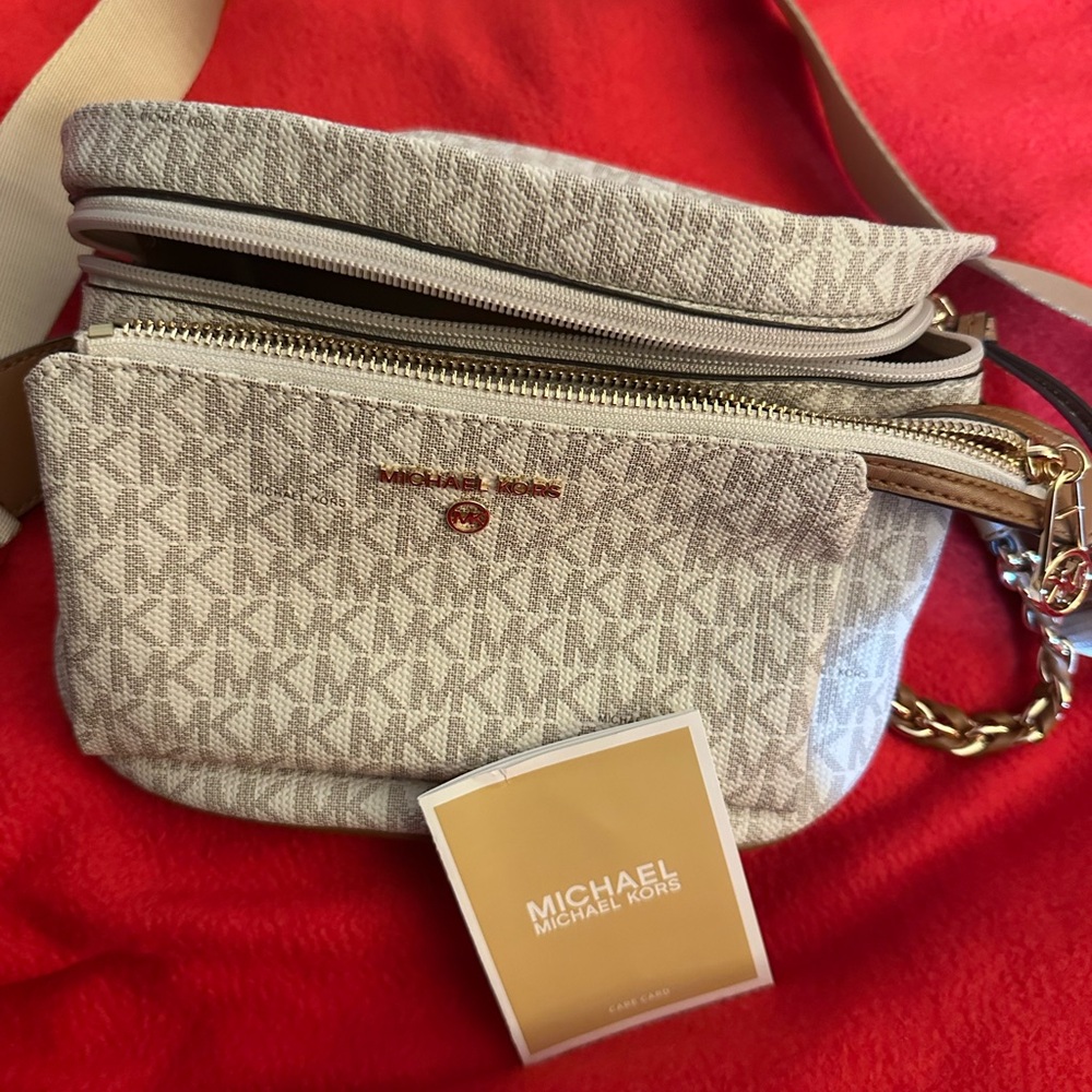 Michael Kors Cream Crossbody Bag with Chain Strap and Zipper Closure